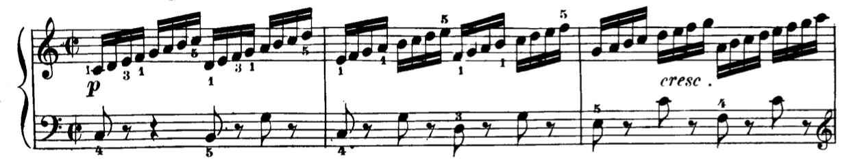 Example 1b. Octave range scales, with an upward motion, are visually noticed as motor/hand groups.