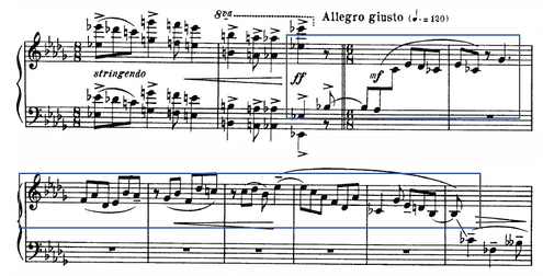 Example 2.19. Fugue subject enters at Allegro guisto, mm. 101-110.