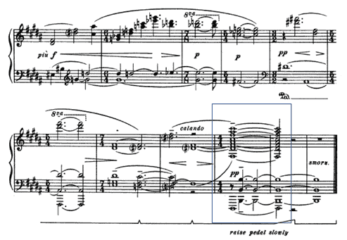 Example 2.28. Last chord ends on B, superimposed with A# key, mm. 404-414.