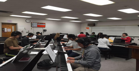 Figure 2. Students in piano lab with Visualizer, Whiteboard with Staves.